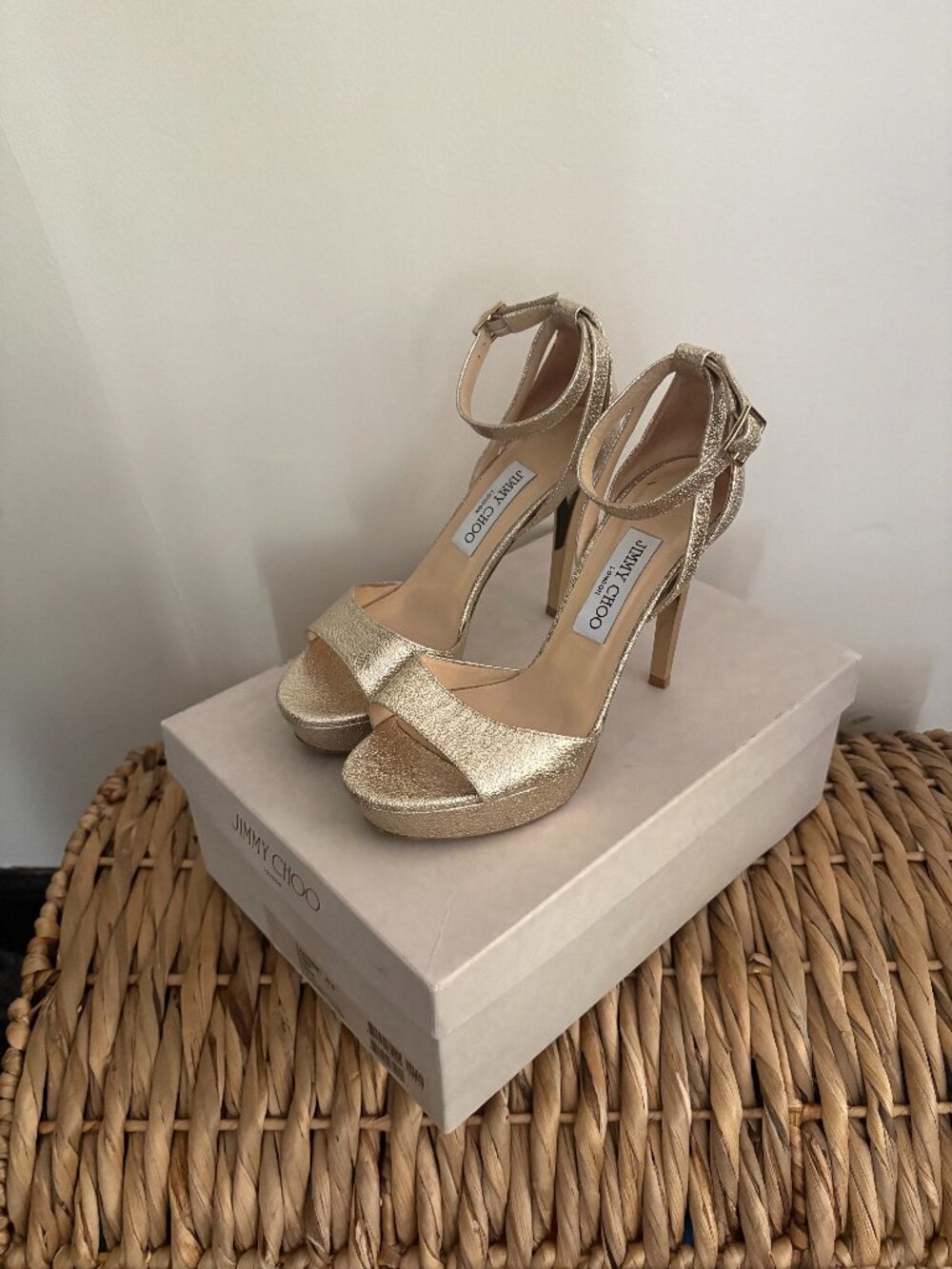 Jimmy Choo Kayden Nude Gold Textured Metallic Platform Heels 37.5